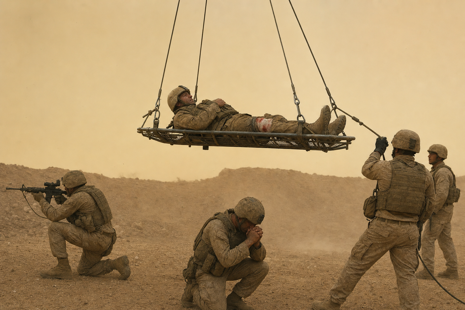 A wounded soldier on a stretcher is lifted while teammates provide covering fire and pray. The aircraft is not shown.